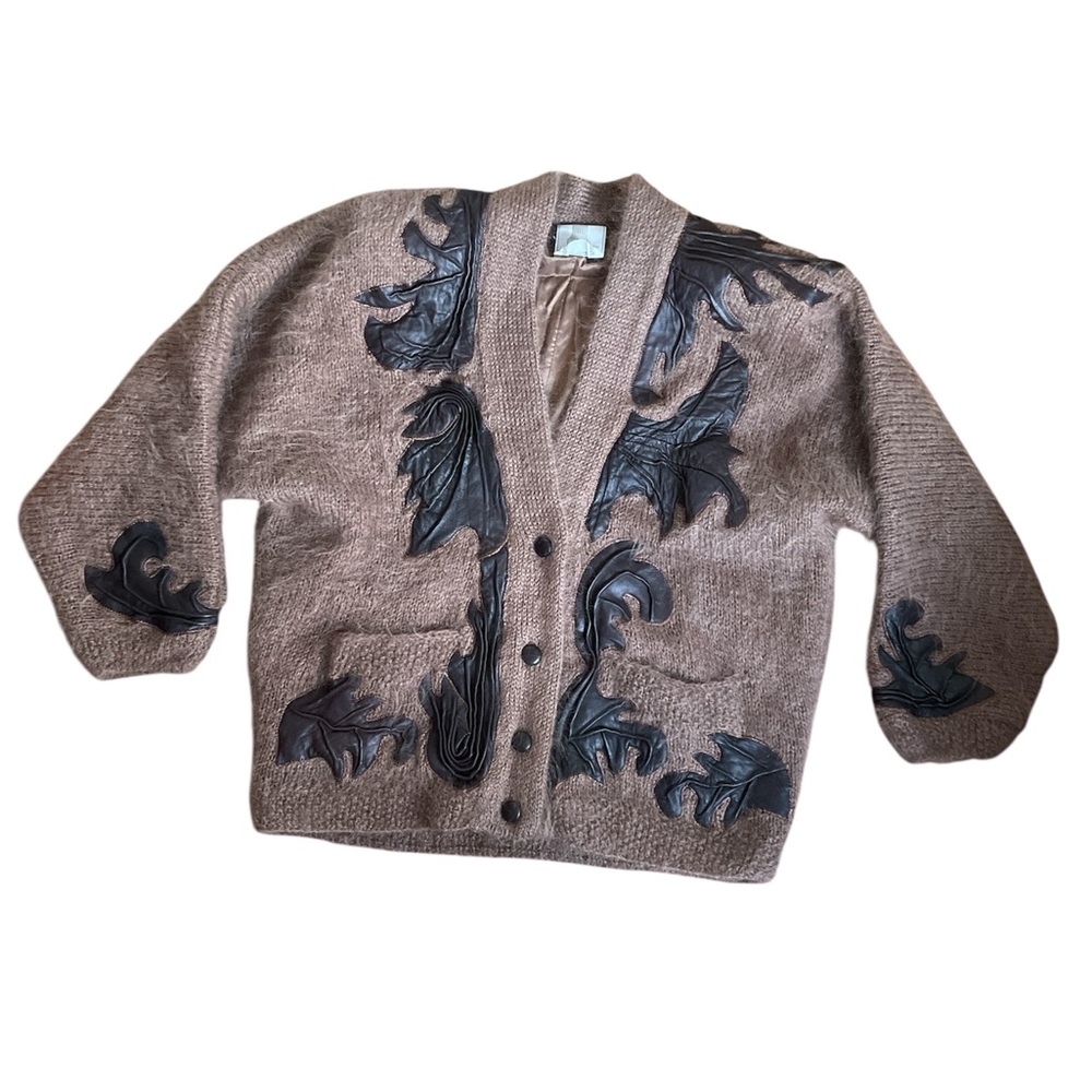 Vintage Mohair & Wool Leather Patchwork Cardigan Jacket Knit Sweater - Picture 4 of 15